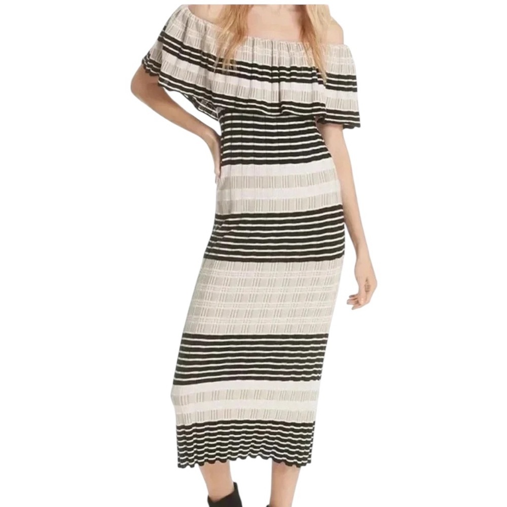 Free People‎ Women’s Cream Striped Off Duty Knit Maxi Off Shoulder Dress Medium